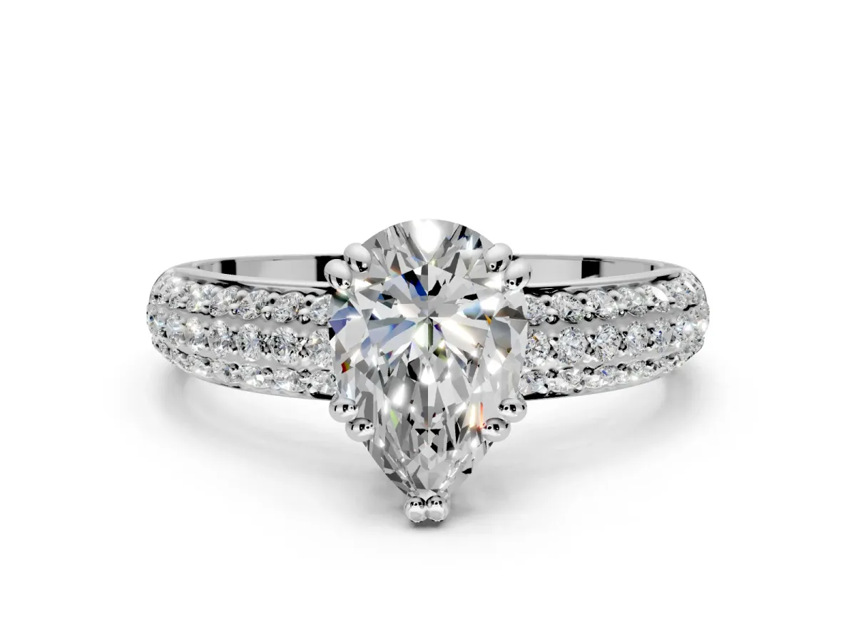 Solitaire Engagement Ring Setting for Pear-Shaped Center with Multi-Row Pave Accents and Basket Head in Sterling Silver