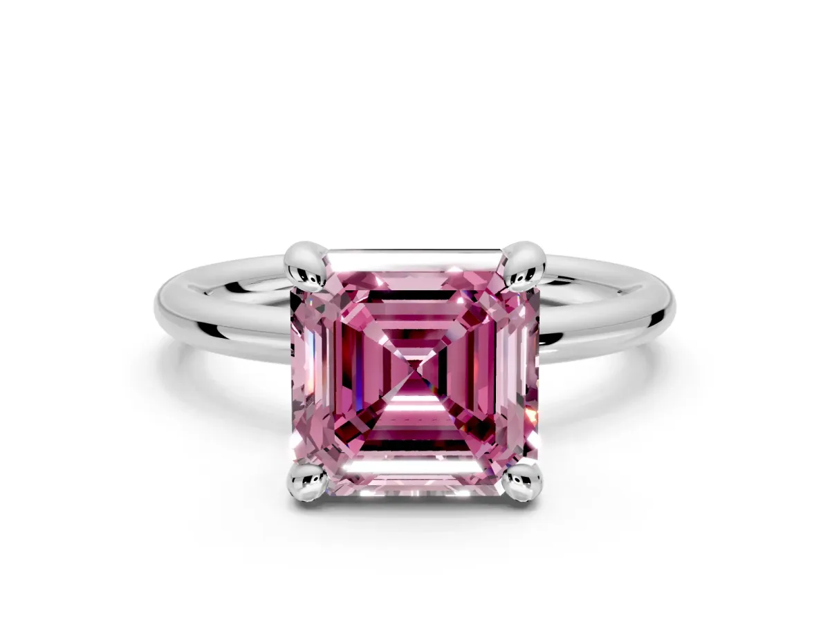 Low-Set Solitaire Engagement Ring Setting for Fancy Pink Asscher Cut Center with Thin Plain Band and Prong Head in Platinum