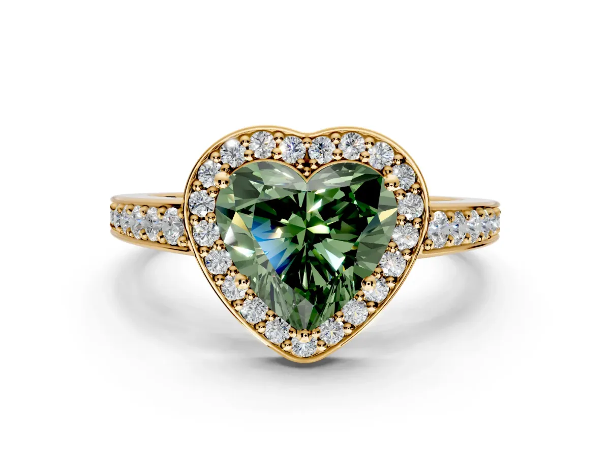 Bezel-Framed Halo Engagement Ring Setting for Fancy Green Heart-Shaped Center with Pave Band and Prong Head in Yellow Gold