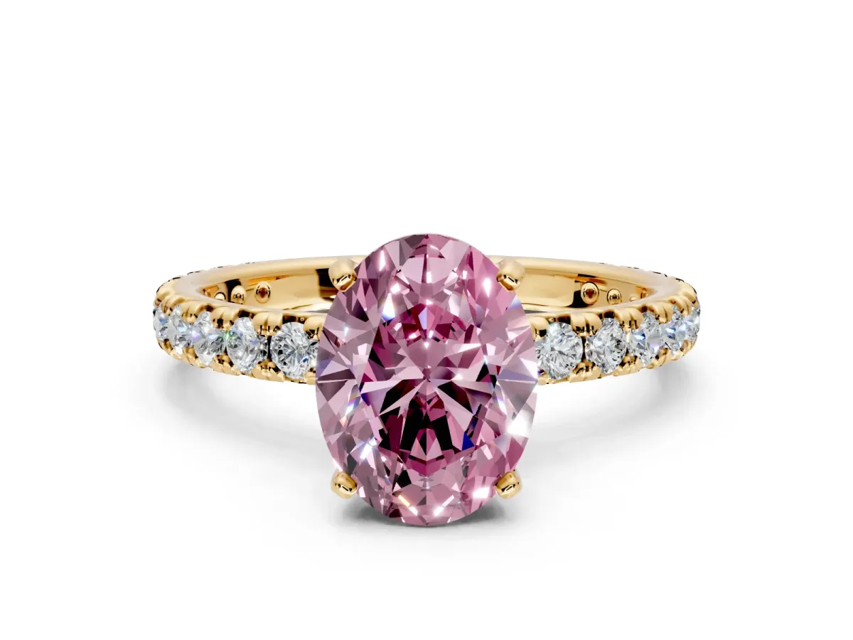Solitaire Engagement Ring Setting for Fancy Pink Oval Center with Shared-Prong Accents and Prong Head in Yellow Gold