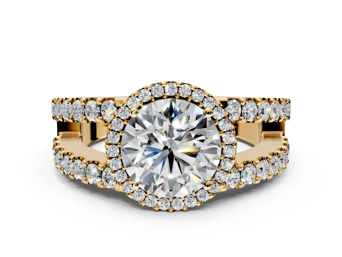 Halo Engagement Ring Setting for Round Cut Center with Wide-Open Pave Split Shank and Prong Head in Yellow Gold