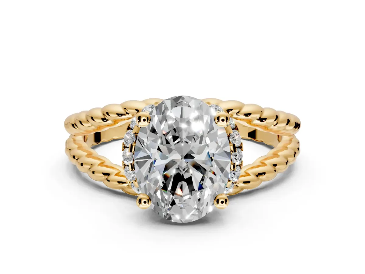 Halo Engagement Ring Setting for Oval Center with Rope Twist Split Shank and Prong Head in Yellow Gold