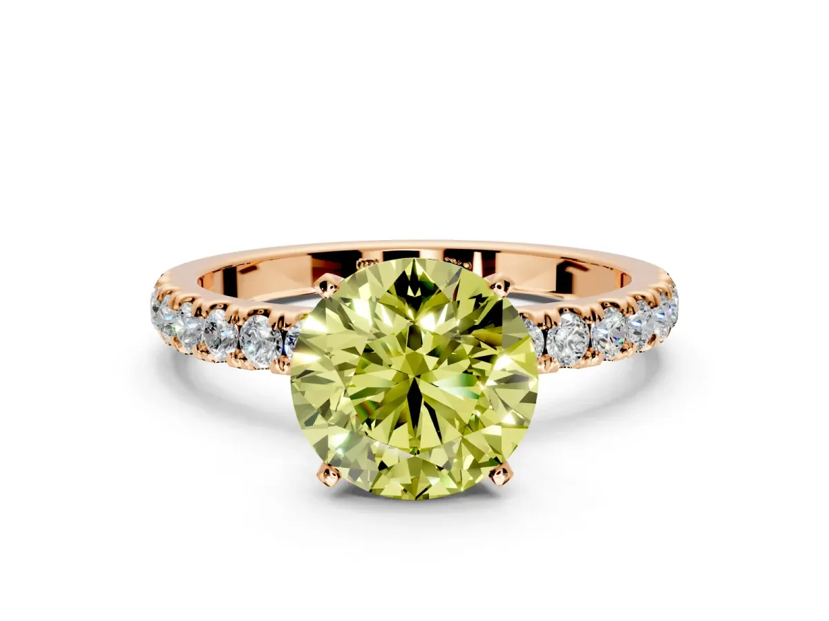 Open Basket Engagement Ring Setting for Fancy Yellow Round Cut Center with Pave Band and Prong Head in Rose Gold
