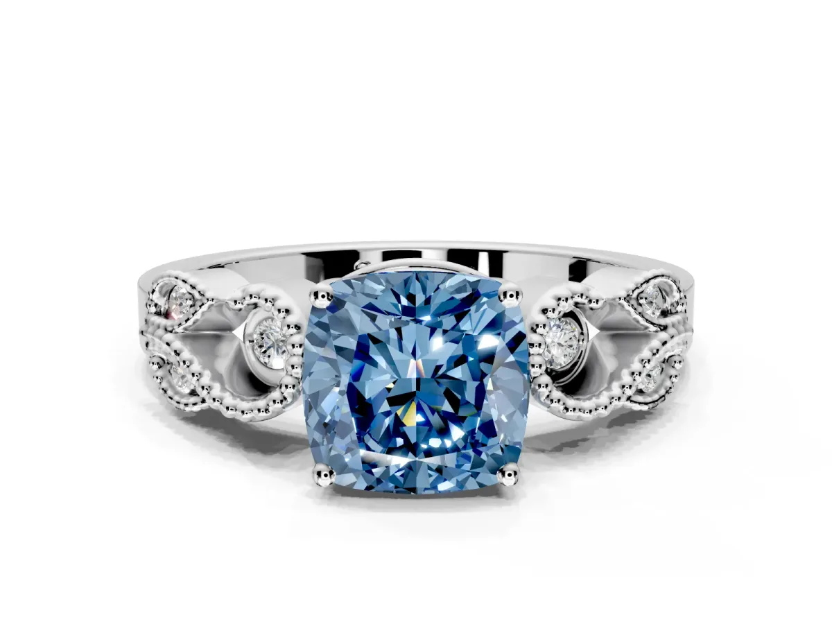 Leaf Engagement Ring Setting for Fancy Blue Cushion Cut Center with Milgrain Accent Band and Prong Head in White Gold