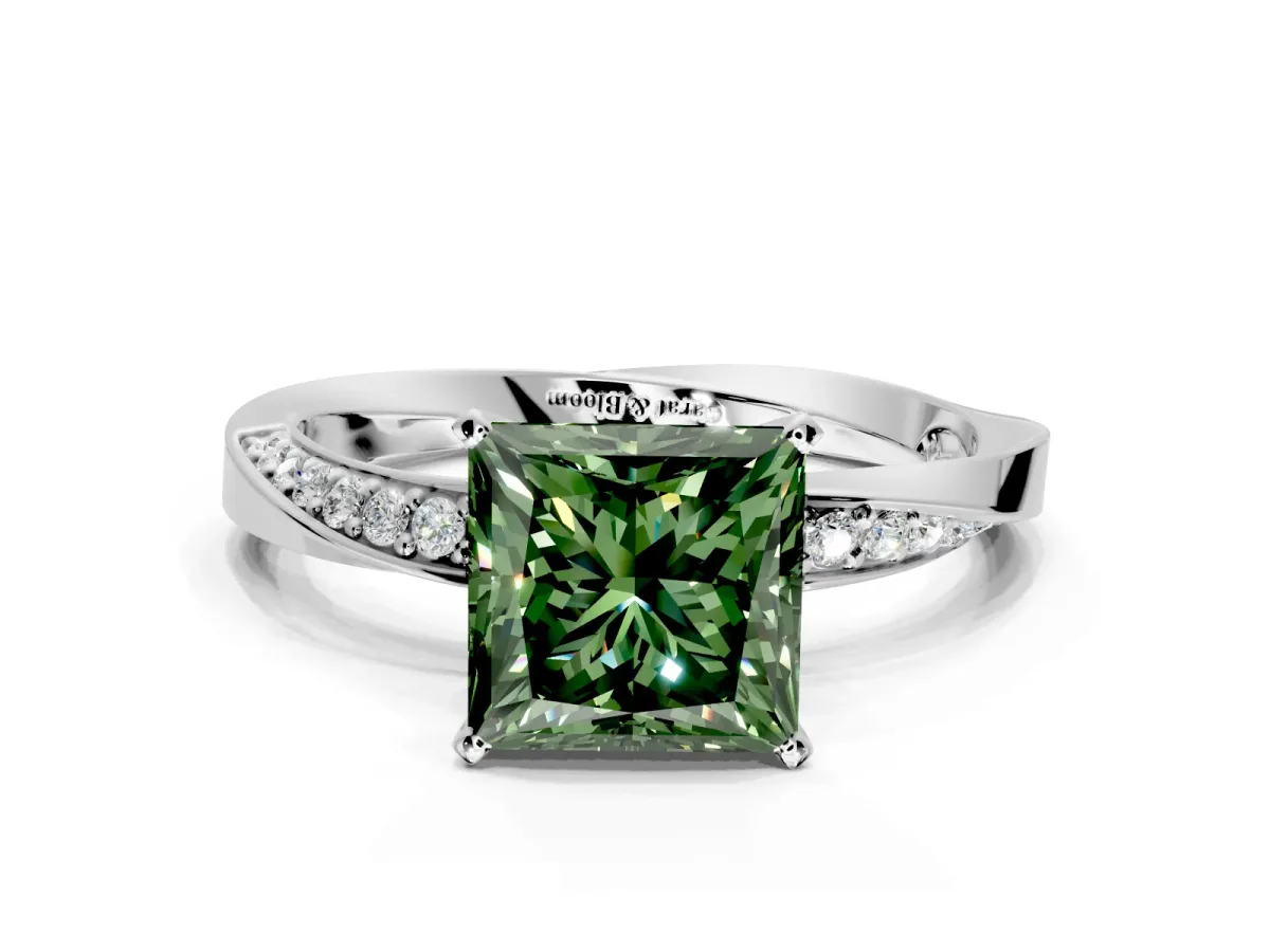 Side Accent Engagement Ring Setting for Fancy Green Princess Cut Center with Accent Shoulders and Prong Head in Sterling Silver