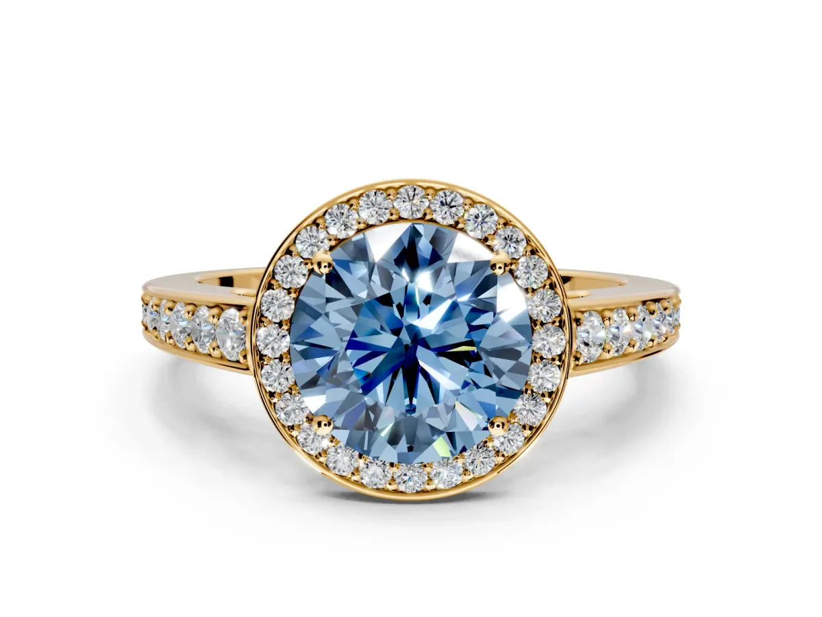 Bezel-Framed Halo Engagement Ring Setting for Fancy Blue Round Cut Center with Pave Band and Prong Head in Yellow Gold