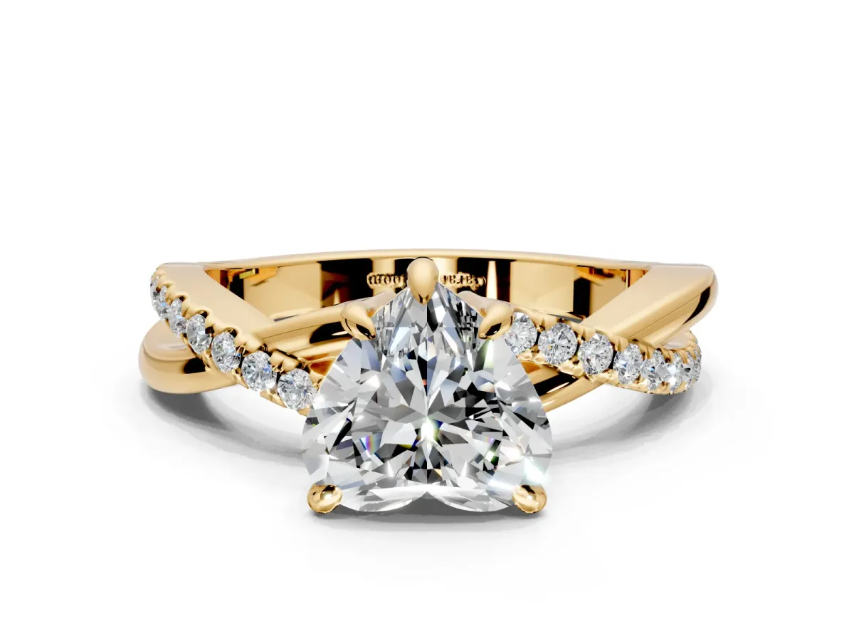 Solitaire Engagement Ring Setting for Heart-Shaped Center with Half-Pave Crossover Band and Prong Head in Yellow Gold