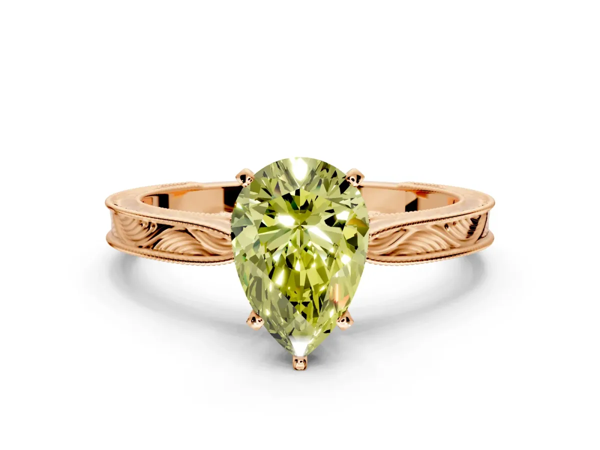 Solitaire Engagement Ring Setting for Fancy Yellow Pear-Shaped Center with Engraved Milgrain Band and Prong Head in Rose Gold