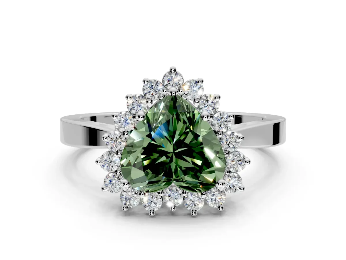 Starburst Halo Engagement Ring Setting for Fancy Green Heart-Shaped Center with Flat Cathedral Band and Prong Head in Platinum