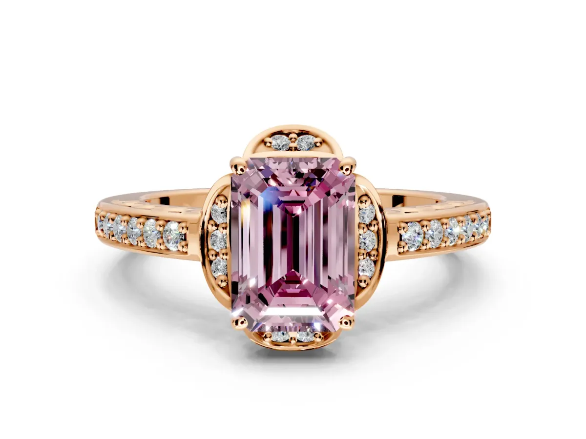 Floral Engagement Ring Setting for Fancy Pink Emerald Cut Center with Four Accent Clusters and Prong Head in Rose Gold
