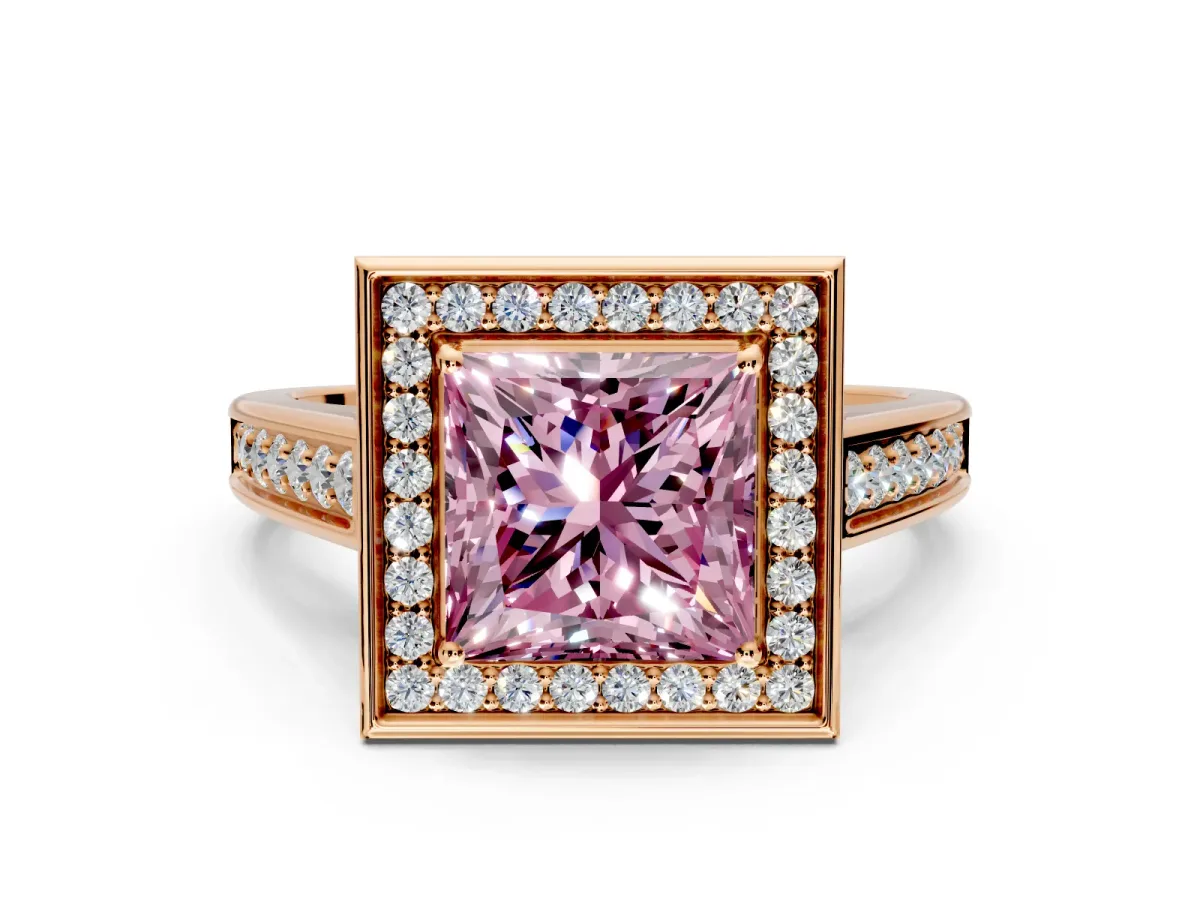 Halo Engagement Ring Setting for Fancy Pink Princess Cut Center with Outer Bezel Rim, Pave Band and Prong Head in Rose Gold