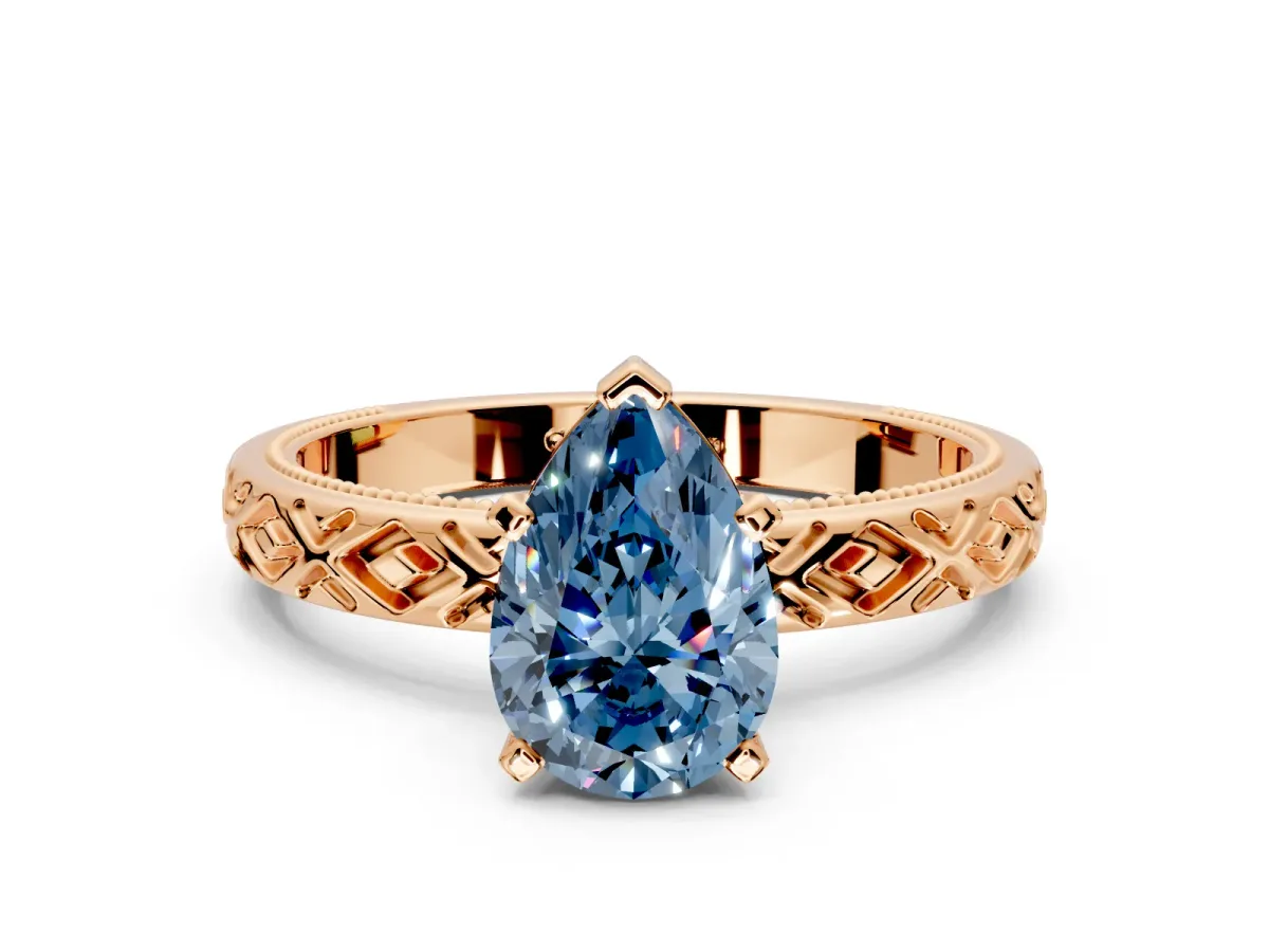 Solitaire Engagement Ring Setting for Fancy Blue Pear-Shaped Center with Milgrain X Pattern Band and Prong Head in Rose Gold