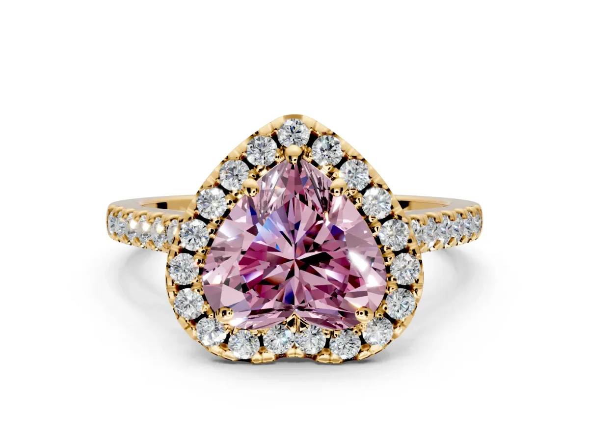 Halo Engagement Ring Setting for Fancy Pink Heart-Shaped Center with Raised Halo, Pave Band and Prong Head in Yellow Gold
