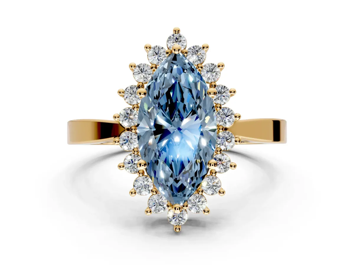 Starburst Halo Engagement Ring Setting for Fancy Blue Marquise Center with Flat Cathedral Band and Prong Head in Yellow Gold