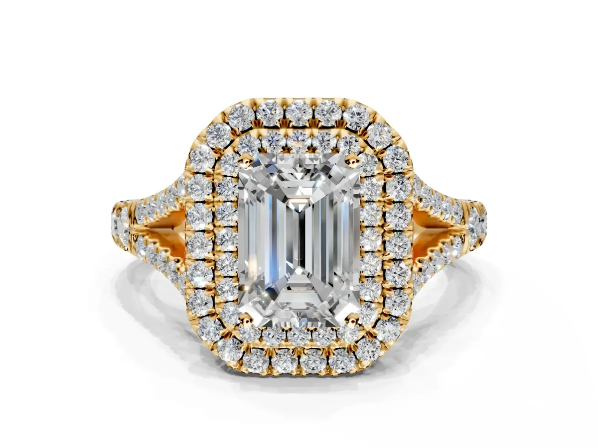 Double Halo Engagement Ring Setting for Emerald Cut Center with Narrow Pave Split Shank and Prong Head in Yellow Gold