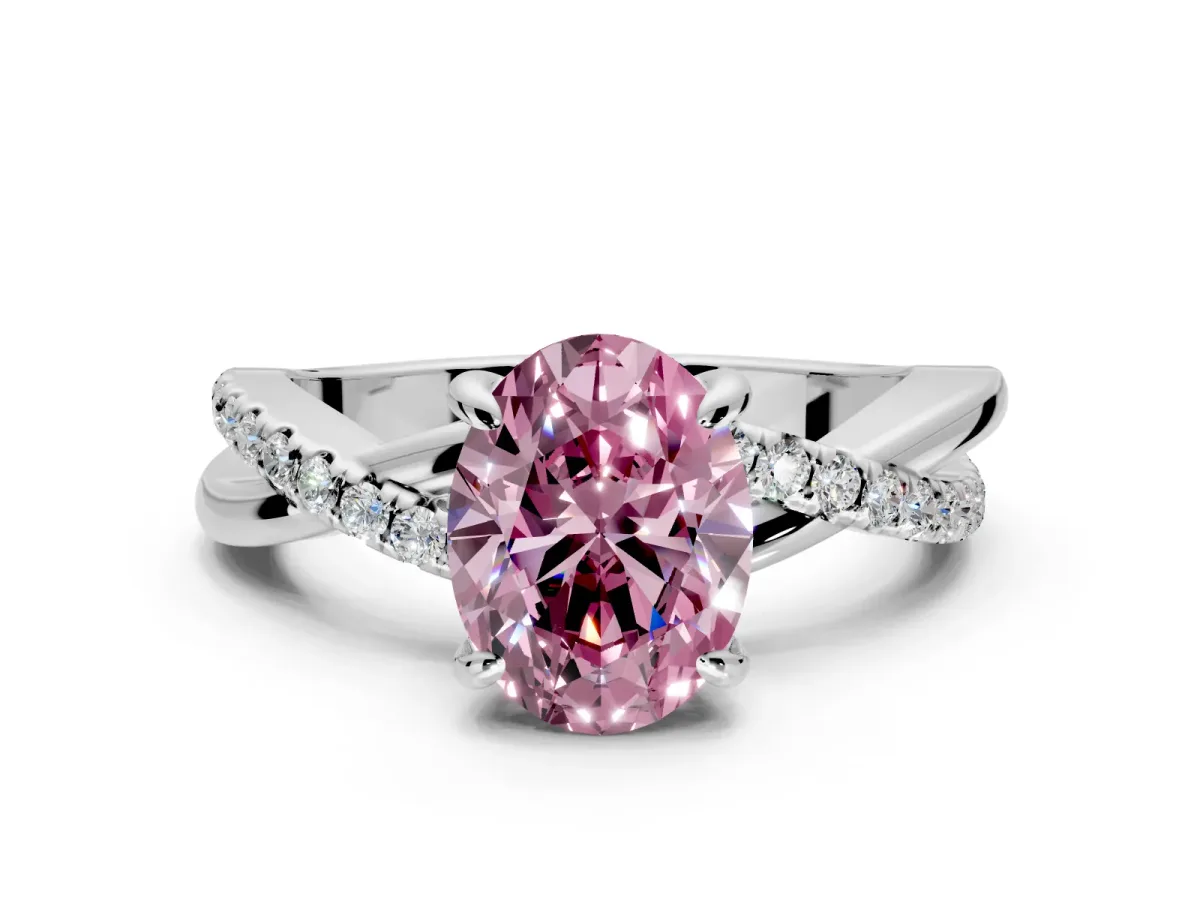 Solitaire Engagement Ring Setting for Fancy Pink Oval Center with Half-Pave Crossover Band and Prong Head in White Gold