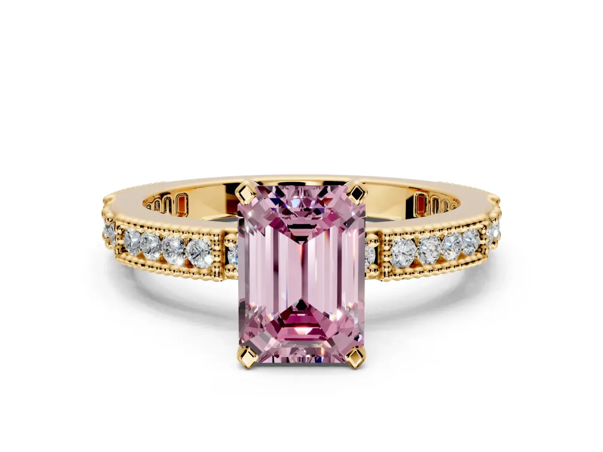 Solitaire Engagement Ring Setting for Fancy Pink Emerald Cut Center with Milgrain-Edged Pave Band and Prong Head in Yellow Gold