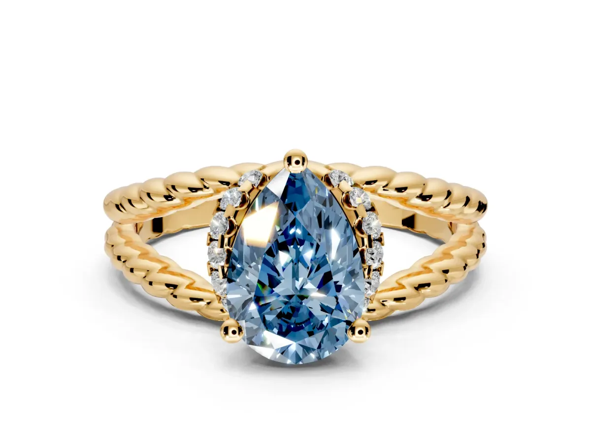 Halo Engagement Ring Setting for Fancy Blue Pear-Shaped Center with Rope Twist Split Shank and Prong Head in Yellow Gold