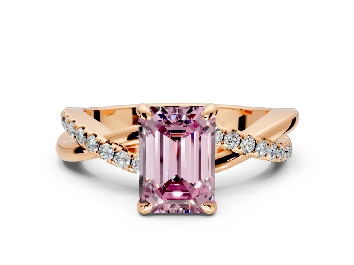 Solitaire Engagement Ring Setting for Fancy Pink Emerald Cut Center with Half-Pave Crossover Band and Prong Head in Rose Gold