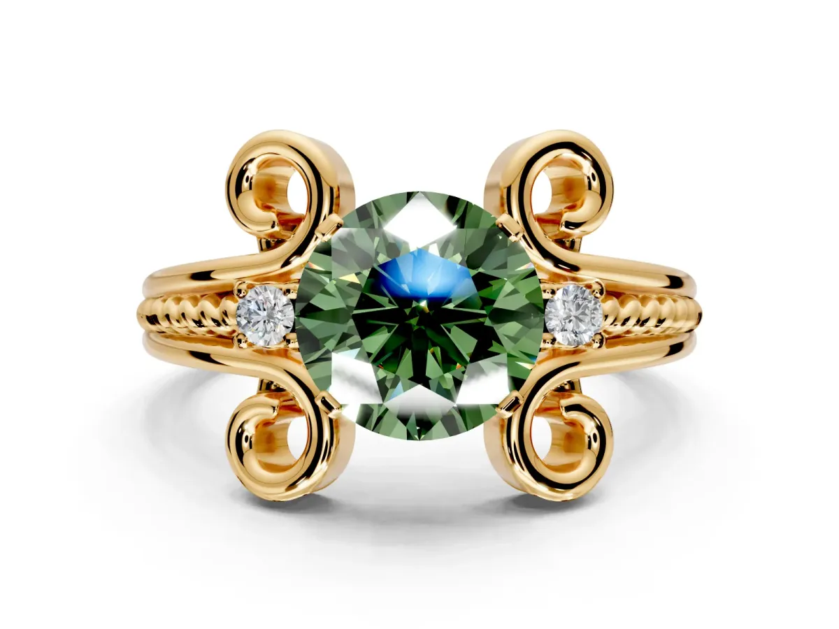 Solitaire Engagement Ring Setting for Fancy Green Round Cut Center with Twisted Band and Scroll Prong Head in Yellow Gold