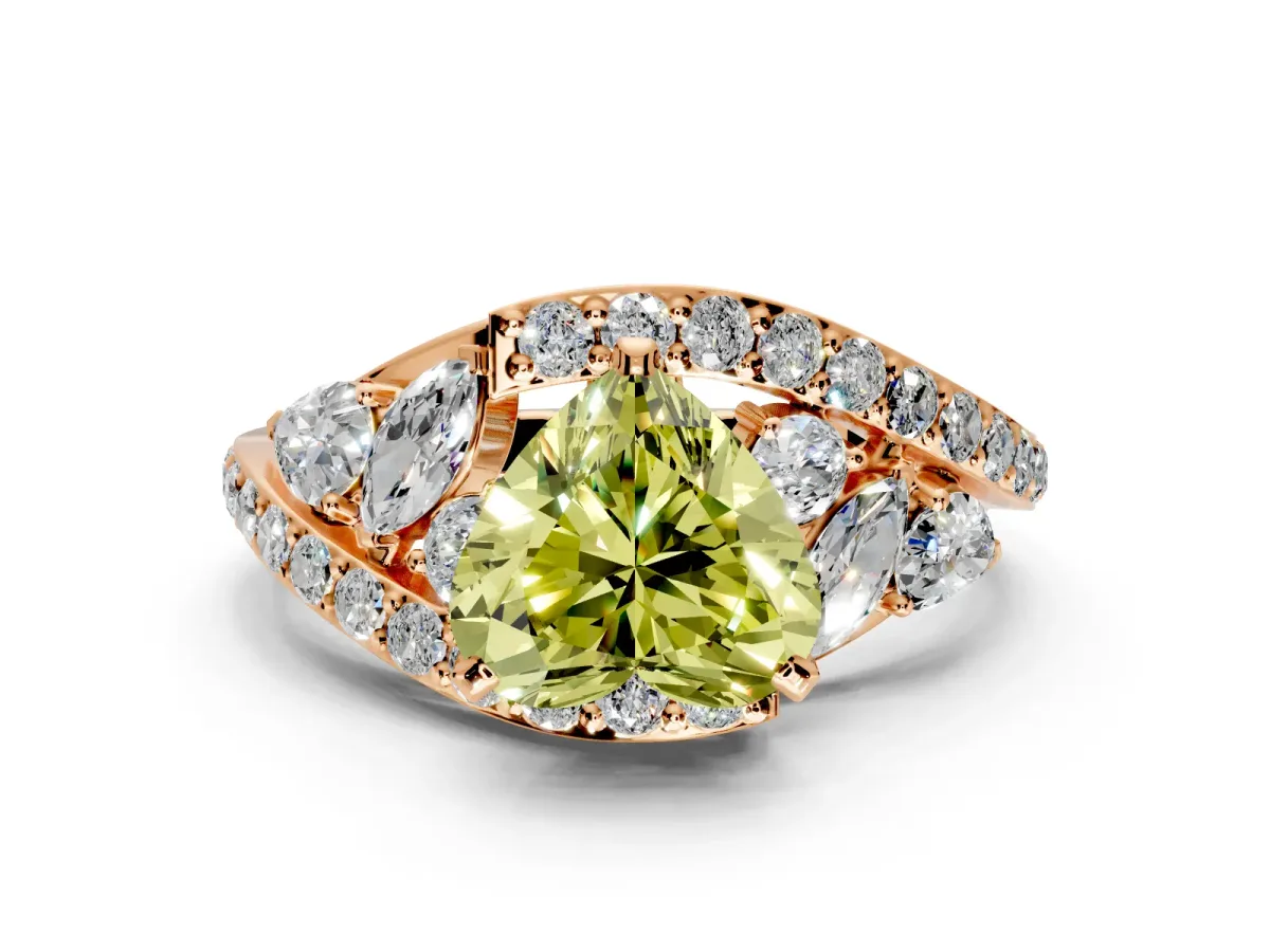 Halo Engagement Ring Setting for Fancy Yellow Heart-Shaped Center with Marquise and Pave Bypass Band and Prong Head in Rose Gold
