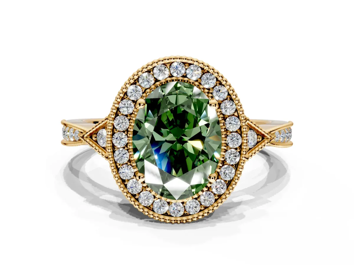 Halo Engagement Ring Setting for Fancy Green Oval Center with Milgrain Rim, Pave Band and Prong Head in Yellow Gold