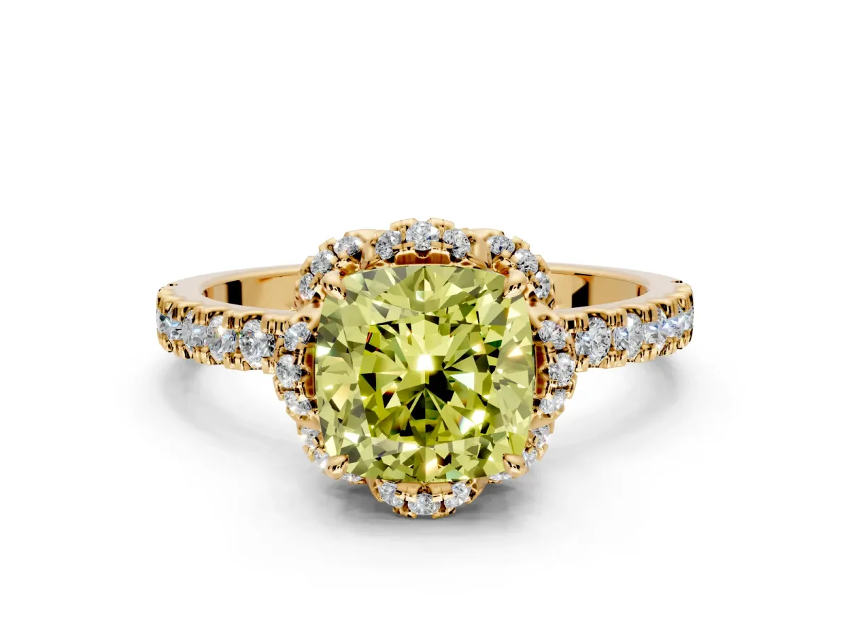 Halo Engagement Ring Setting for Fancy Yellow Cushion Cut Center with Openwork Halo, Pave Band and Prong Head in Yellow Gold