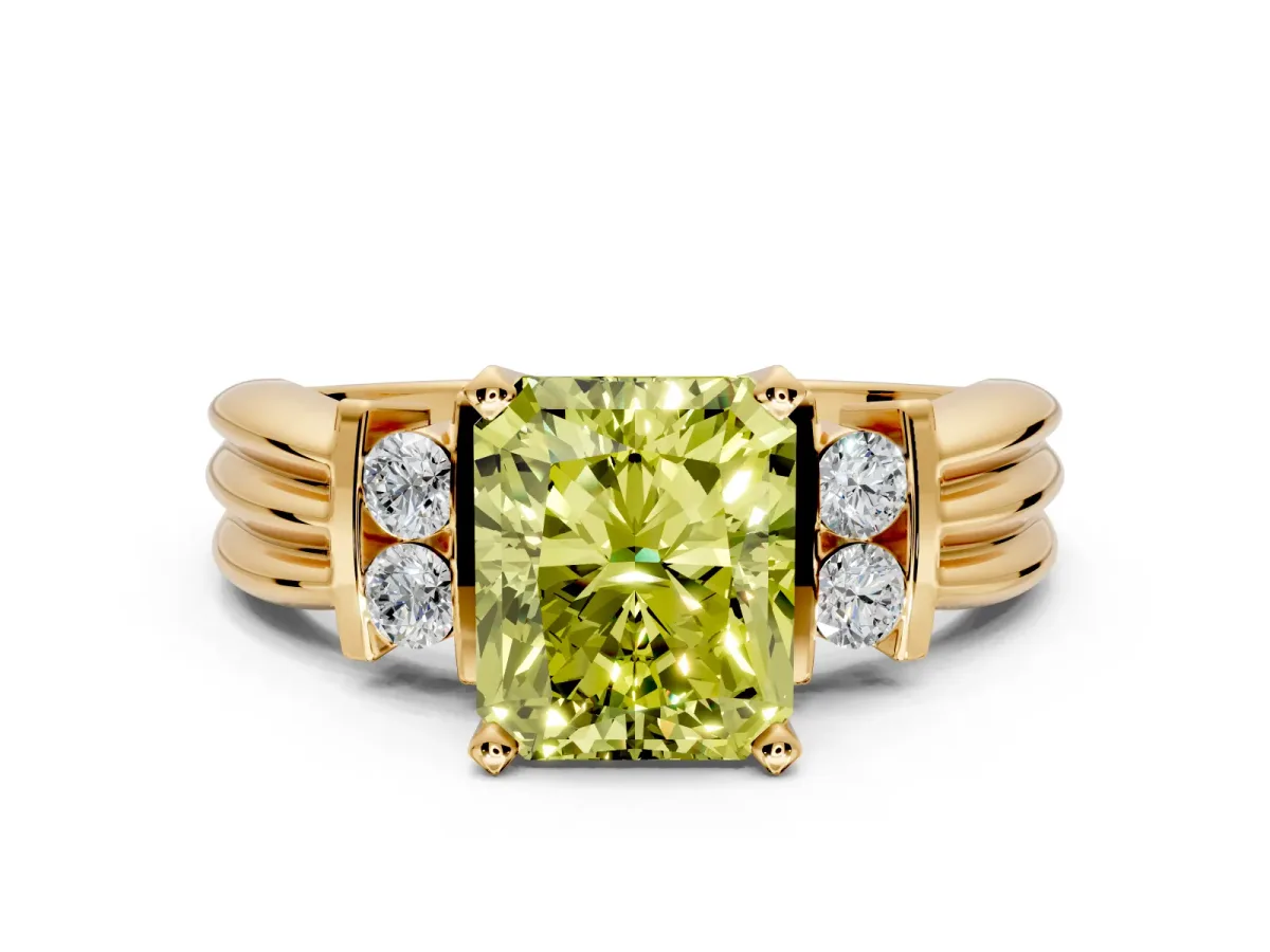 Solitaire Engagement Ring Setting for Fancy Yellow Radiant Cut Center with Grooved Bar Accent Band and Prong Head in Yellow Gold
