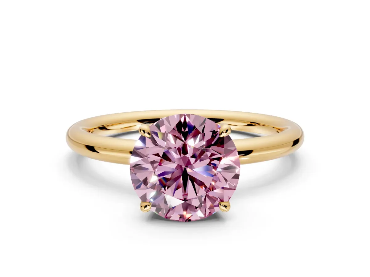 Hidden Halo Engagement Ring Setting for Fancy Pink Round Cut Center with Thin Rounded Band and Prong Head in Yellow Gold