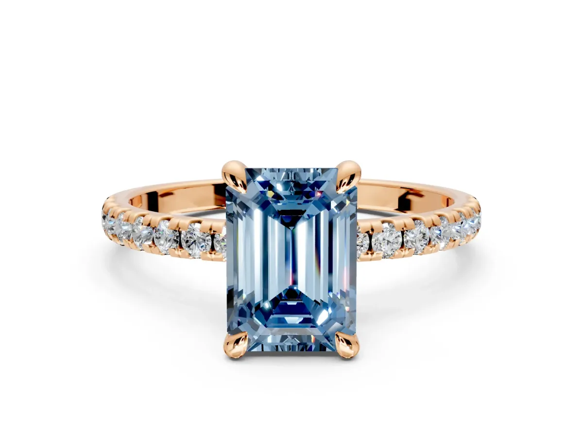 Solitaire Engagement Ring Setting for Fancy Blue Emerald Cut Center with Fine Pave Narrow Band and Prong Head in Rose Gold