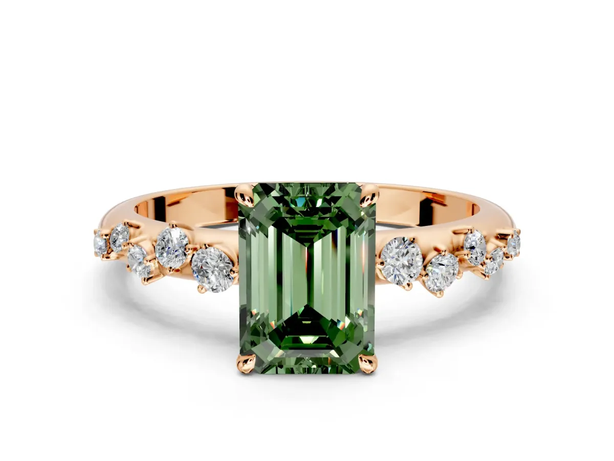 Cluster Engagement Ring Setting for Fancy Green Emerald Cut Center with Round Cut Accent Band and Prong Head in Rose Gold