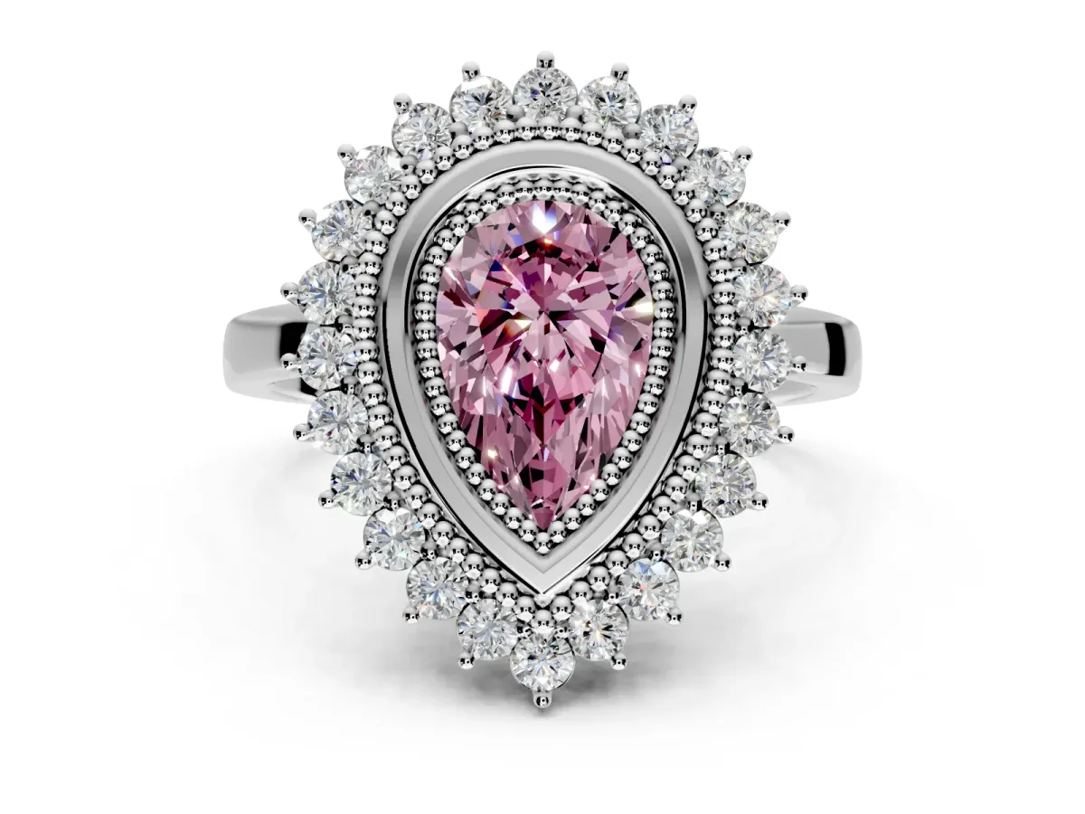 Halo Engagement Ring Setting for Fancy Pink Pear-Shaped Center with Milgrain Bezel Rim, Plain Band and Prong Head in Platinum