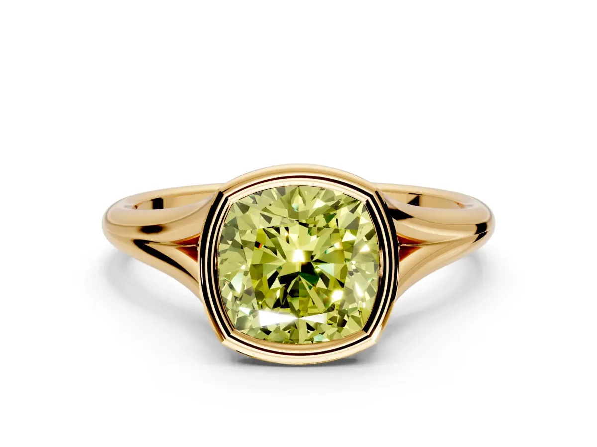 Solitaire Engagement Ring Setting for Fancy Yellow Cushion Cut Center with V Split Shank and Bezel Head in Yellow Gold
