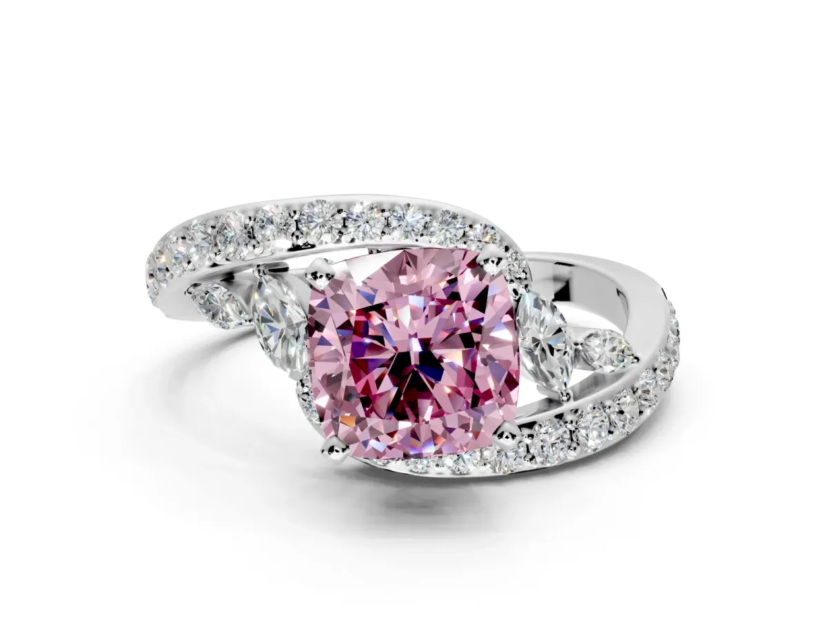 Solitaire Engagement Ring Setting for Fancy Pink Cushion Cut Center with Pave Bypass Twist Band and Prong Head in White Gold