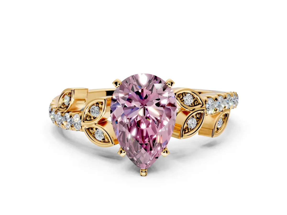 Leaf Motif Engagement Ring Setting for Fancy Pink Pear-Shaped Center with Pave Band and Prong Head in Yellow Gold
