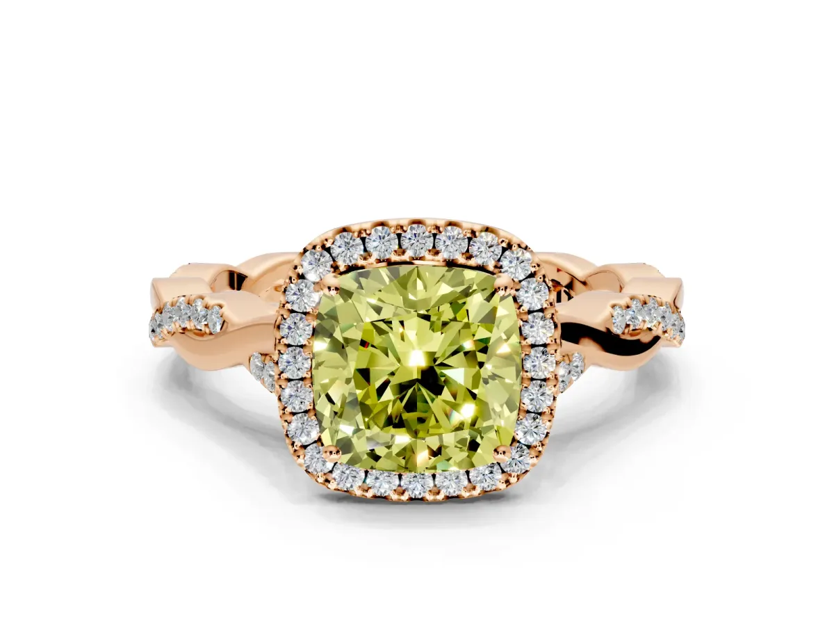 Halo Engagement Ring Setting for Fancy Yellow Cushion Cut Center with Twist Band and Prong Head in Rose Gold