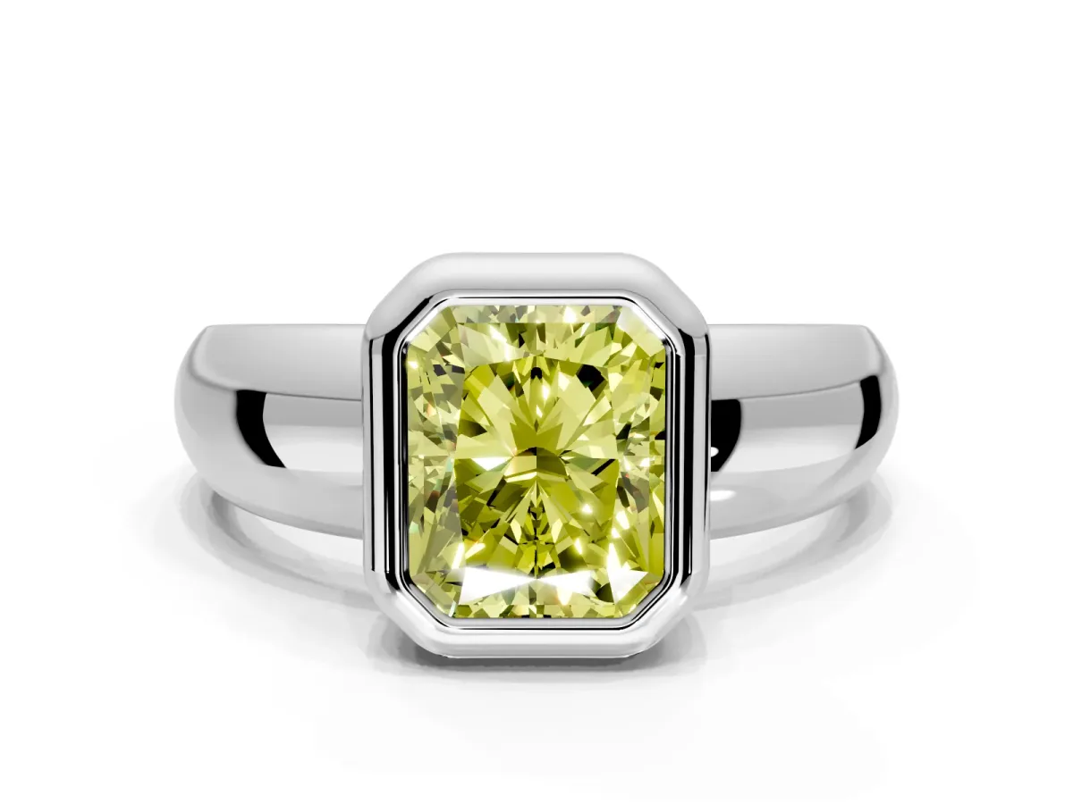 Solitaire Engagement Ring Setting for Fancy Yellow Radiant Cut Center with Wide Band and Bezel Head in Platinum