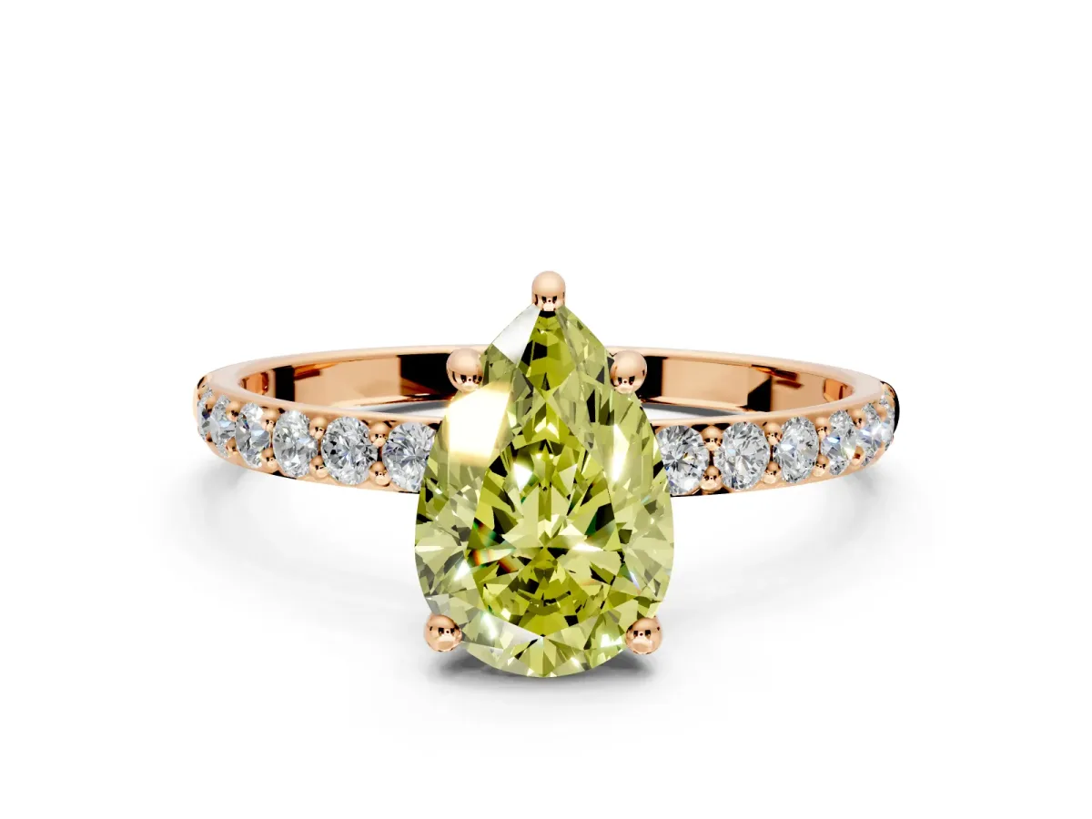Solitaire Engagement Ring Setting for Fancy Yellow Pear-Shaped Center with Pave Accents and Prong Head in Rose Gold