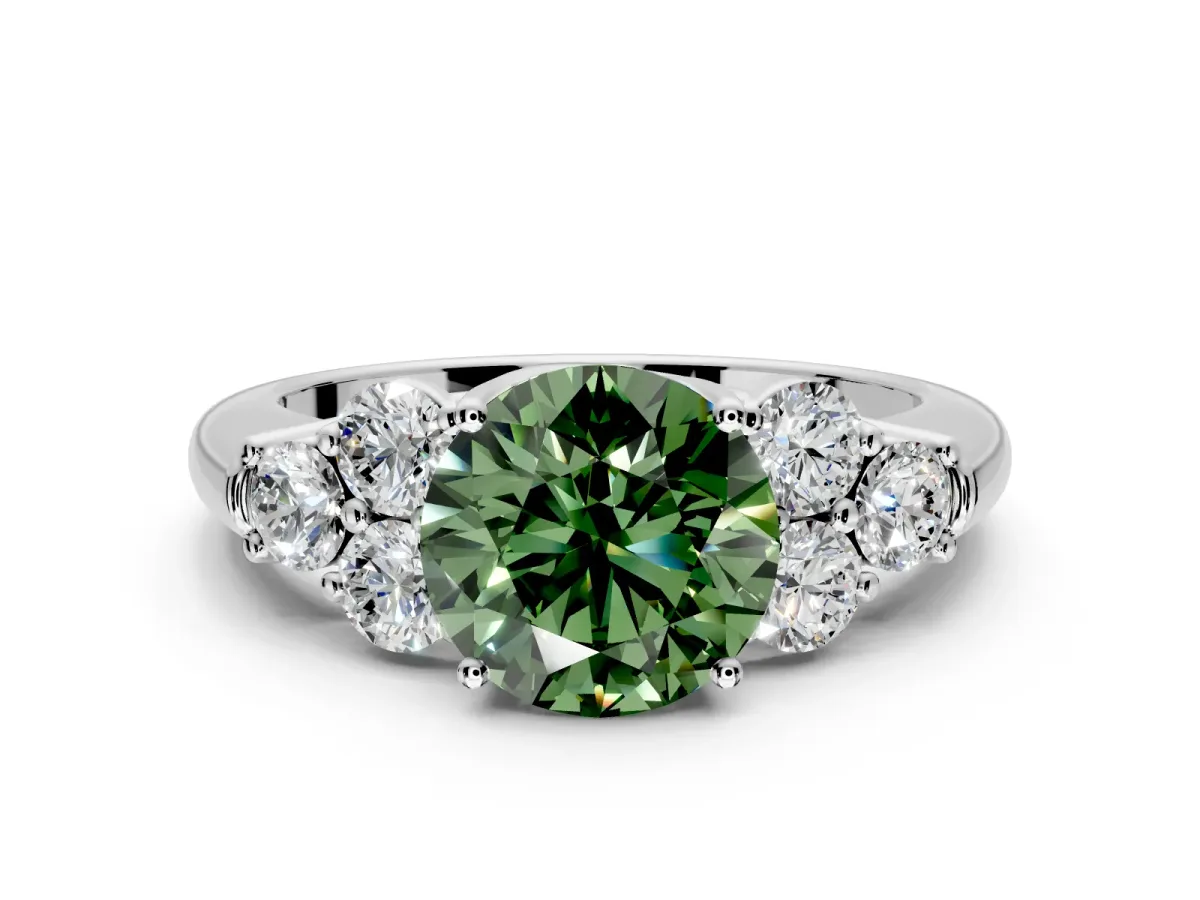 Cluster Engagement Ring Setting for Fancy Green Round Cut Center with Round Cut Accent Frame and Prong Head in White Gold
