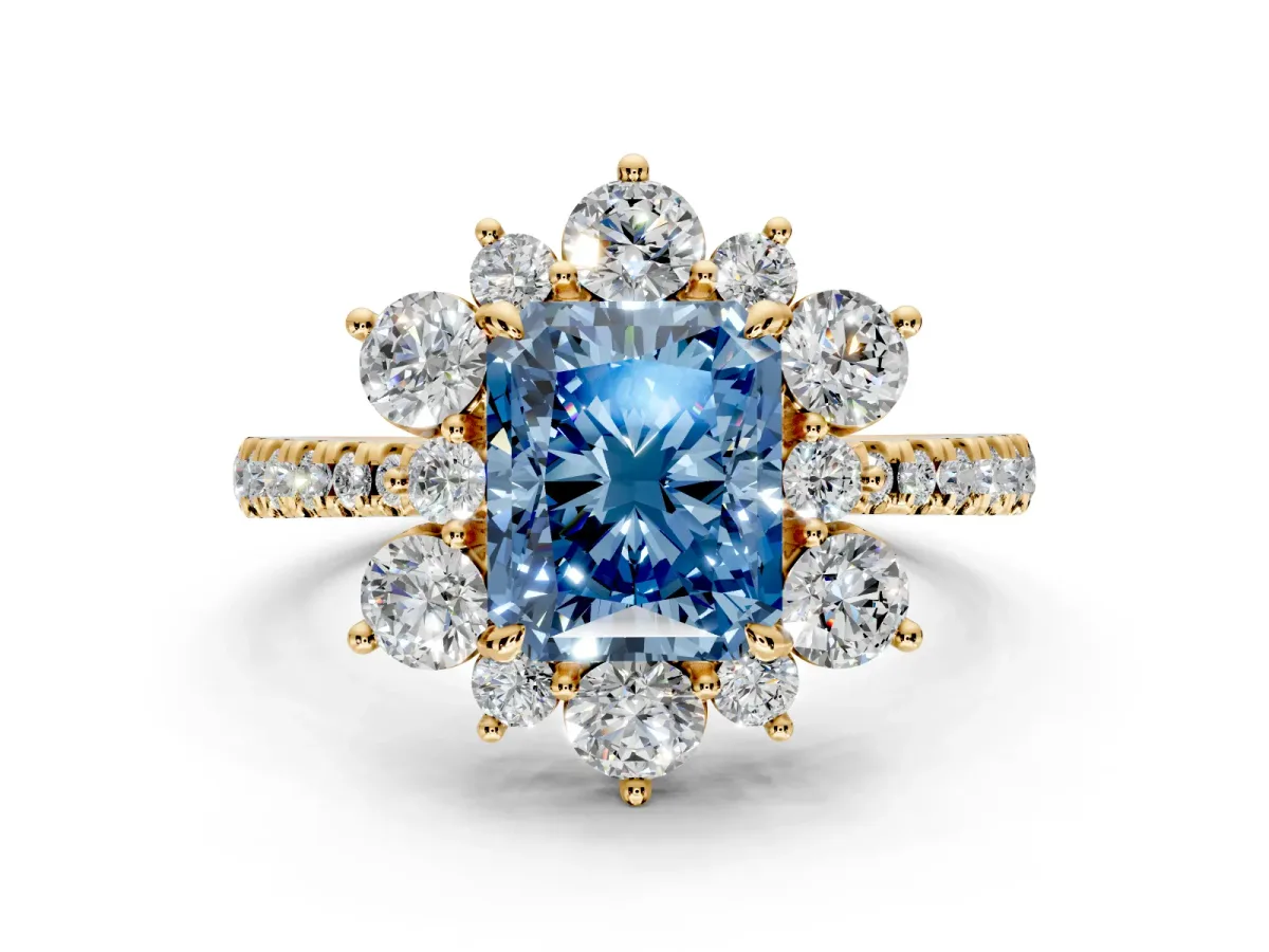 Floral Halo Engagement Ring Setting for Fancy Blue Radiant Cut Center with Pave Accents and Prong Head in Yellow Gold