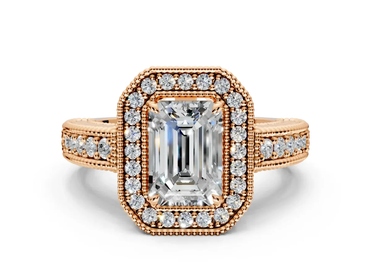 Milgrain Halo Engagement Ring Setting for Emerald Cut Center with Pave Band and Prong Head in Rose Gold