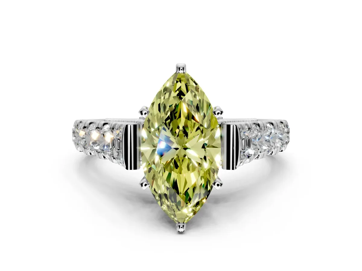Solitaire Engagement Ring Setting for Fancy Yellow Marquise Center with Pave Cathedral Shoulders and Prong Head in Sterling Silver