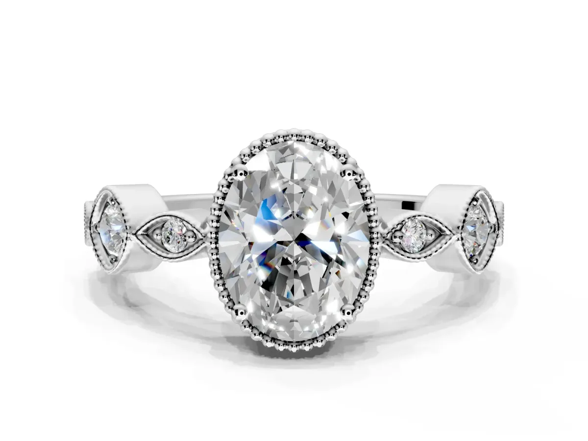 Vintage Station Engagement Ring Setting for Oval Center with Accents and Prong Head in Platinum