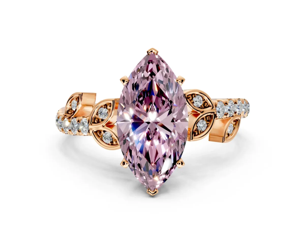 Leaf Motif Engagement Ring Setting for Fancy Pink Marquise Center with Pave Band and Prong Head in Rose Gold