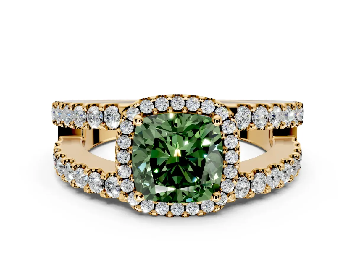 Halo Engagement Ring Setting for Fancy Green Cushion Cut Center with Wide-Open Pave Split Shank and Prong Head in Yellow Gold