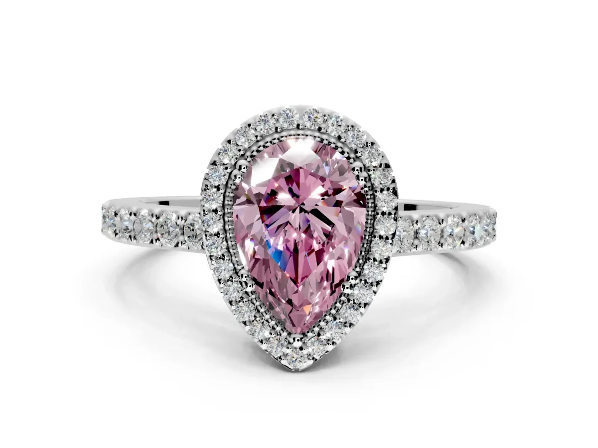 Halo Engagement Ring Setting for Fancy Pink Pear-Shaped Center with Inner Milgrain Border and Prong Head in Sterling Silver
