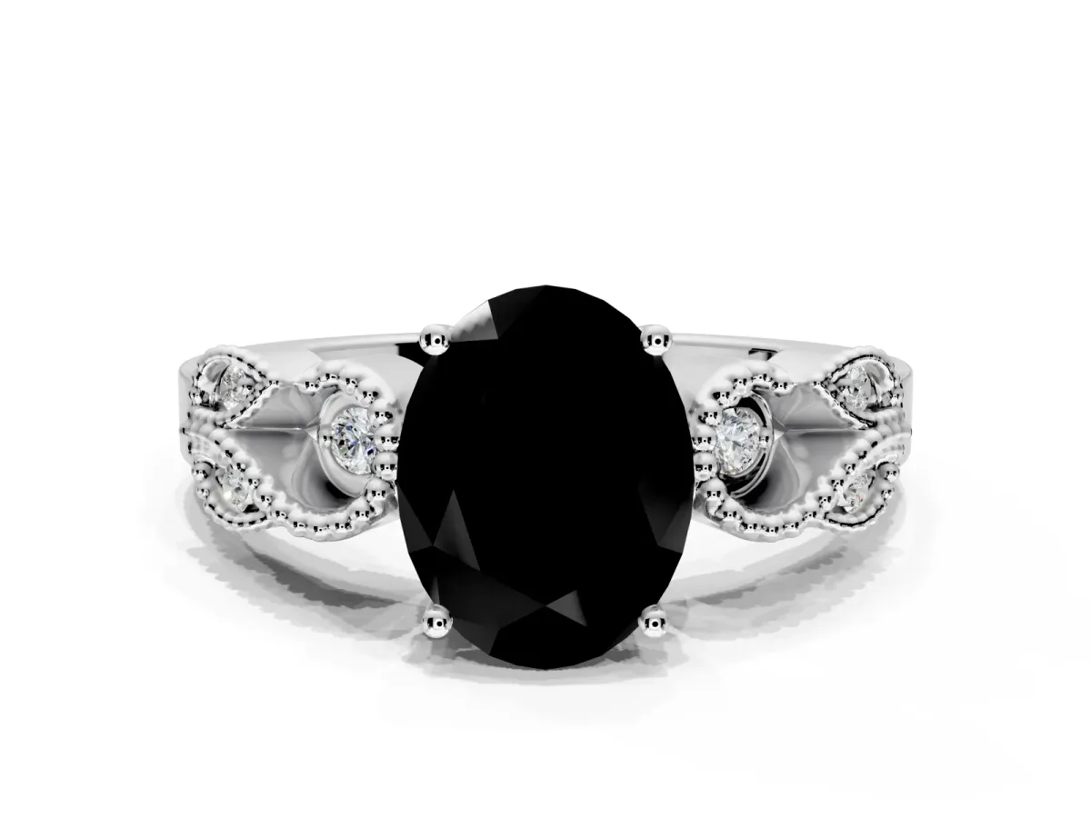 Leaf Engagement Ring Setting for Fancy Black Oval Center with Milgrain Accent Band and Prong Head in Sterling Silver