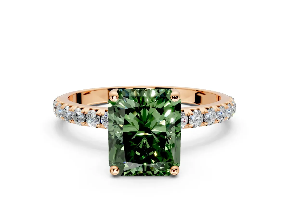 Solitaire Engagement Ring Setting for Fancy Green Radiant Cut Center with Micro Pave Band and Prong Head in Rose Gold