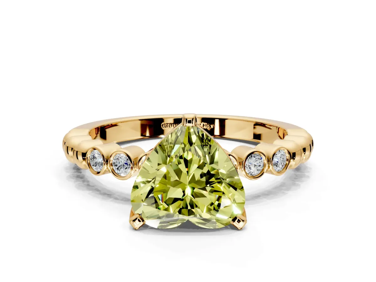 Solitaire Engagement Ring Setting for Fancy Yellow Heart-Shaped Center with Bezel-Dot Beaded Band and Prong Head in Yellow Gold