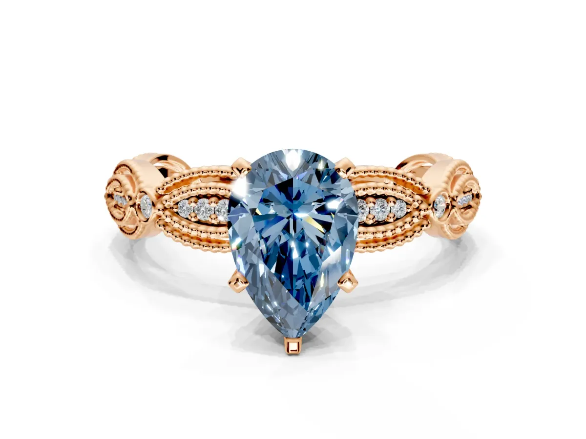 Solitaire Engagement Ring Setting for Fancy Blue Pear-Shaped Center with Marquise Panel Band and Prong Head in Rose Gold